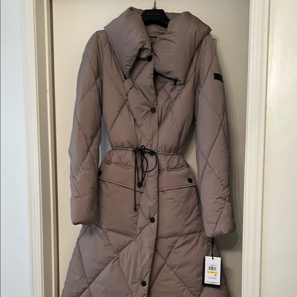 Dkny Tan Puffer Jacket with Quilted Design and Belt